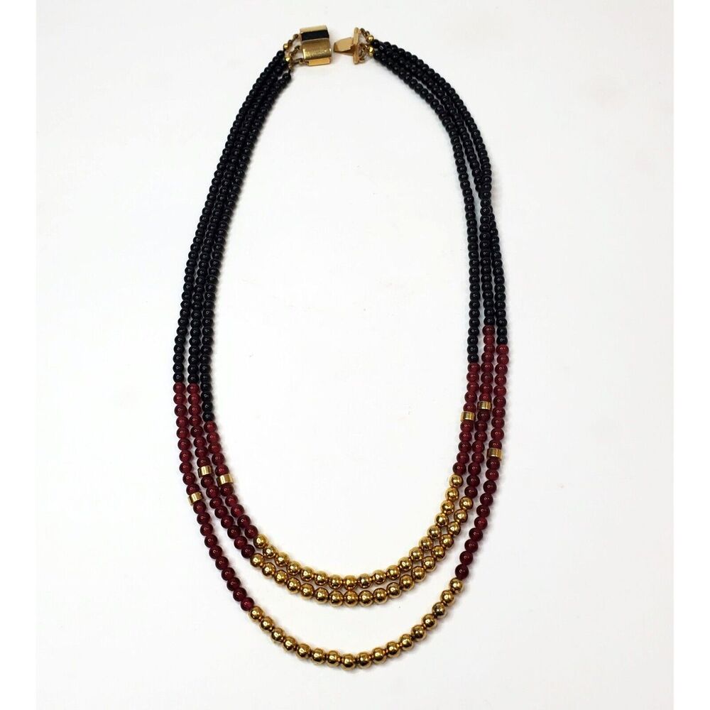 Black Red & Gold Tone Three Strand Glass Bead Necklace Slide Clasp 20 in.
